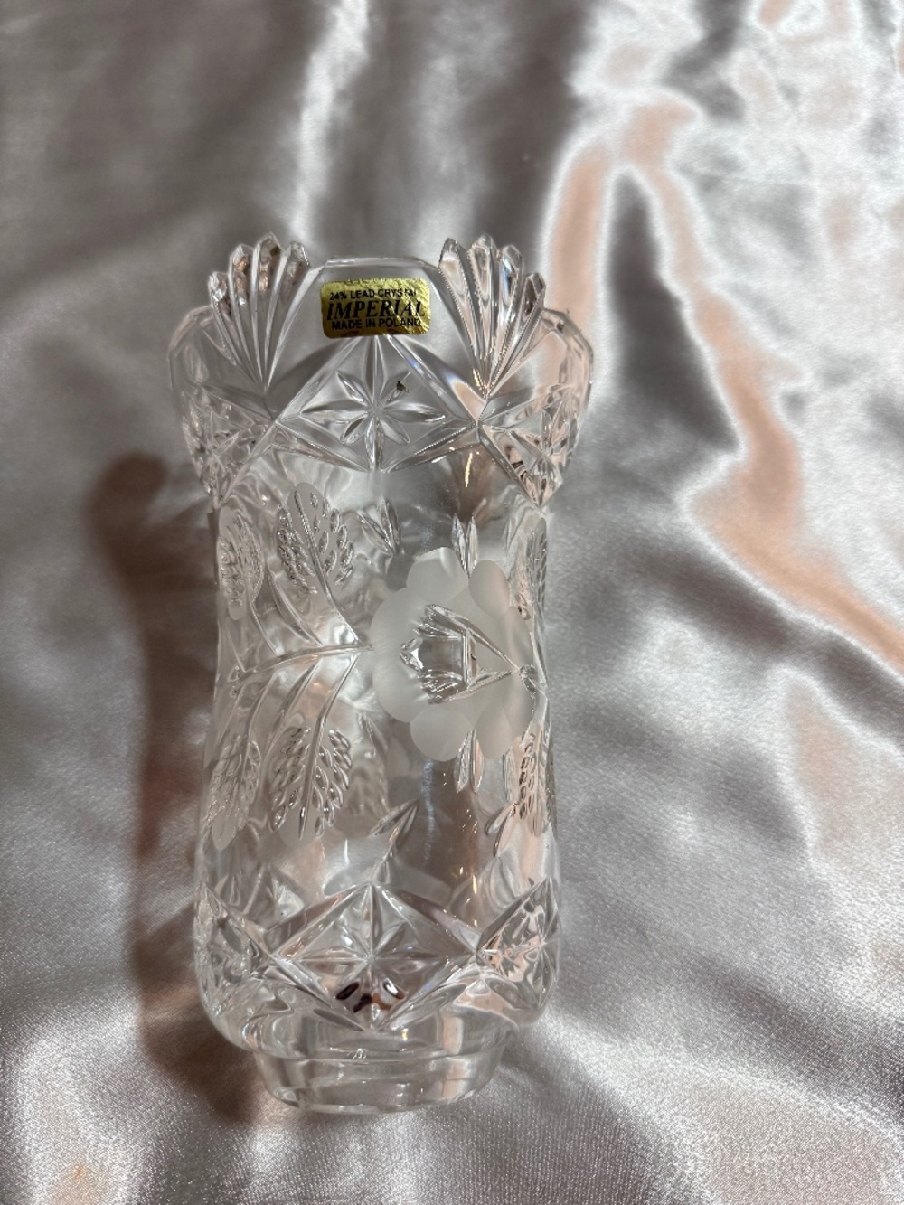 Imperial 24% Lead Crystal Vase Made in Poland Frosted Floral Vintage
